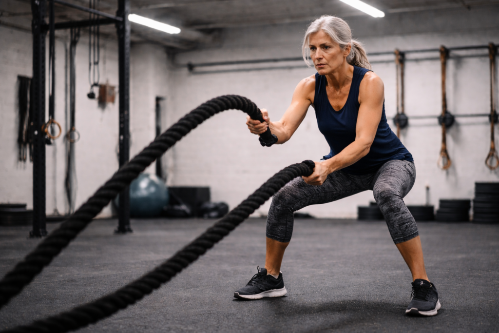Mujer entrenando con cuerdas de batalla